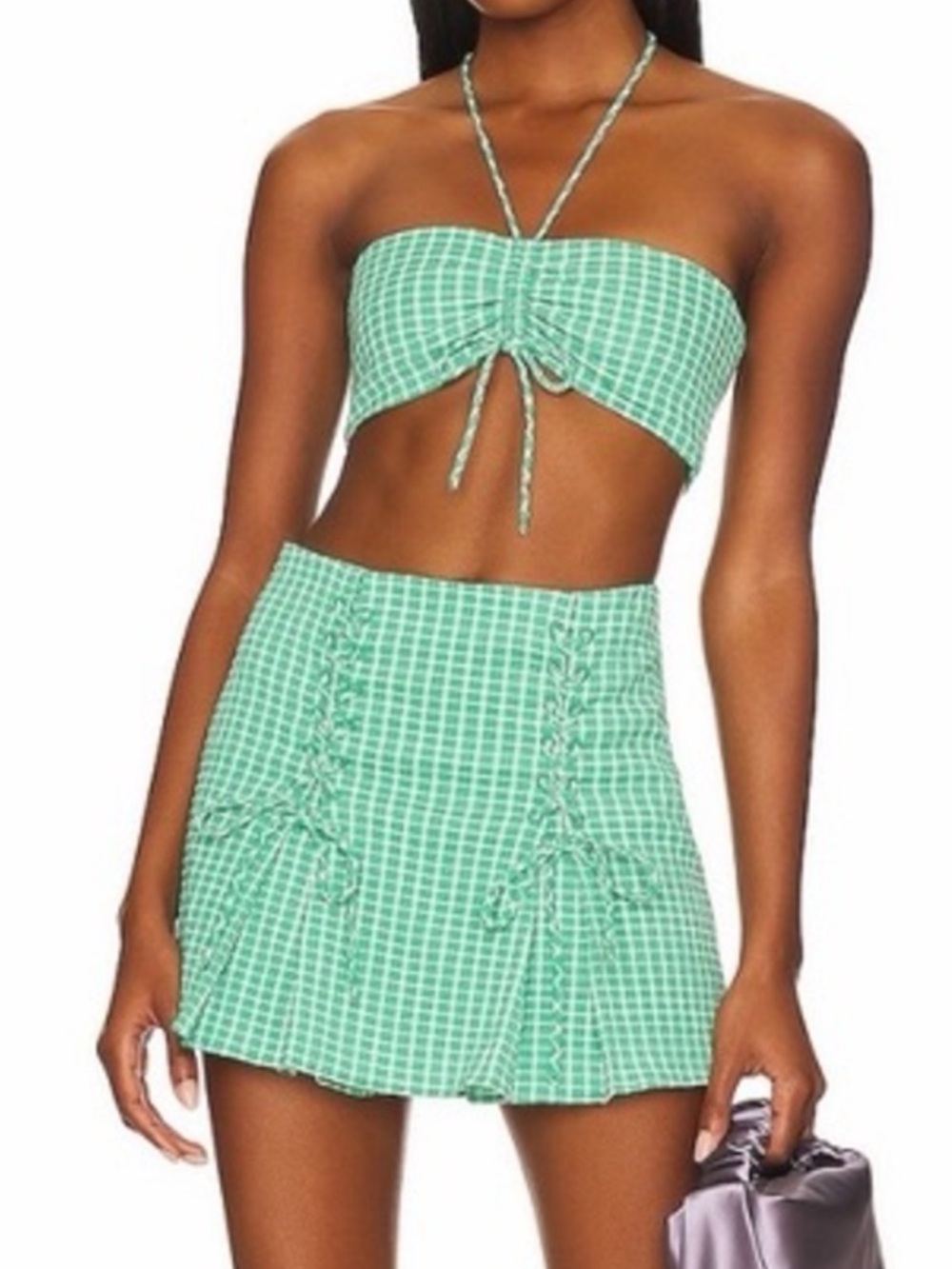 Lovers + Friends Green Gingham Tie-Front Bandeau & Skort Set